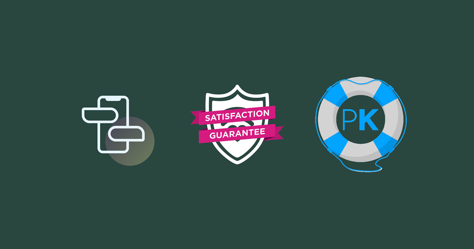 3 icons - a phone with chat bubbles for K Health, a satisfaction guarantee badge for Pretty Instant, and a life preserver support icon for Presskit.to