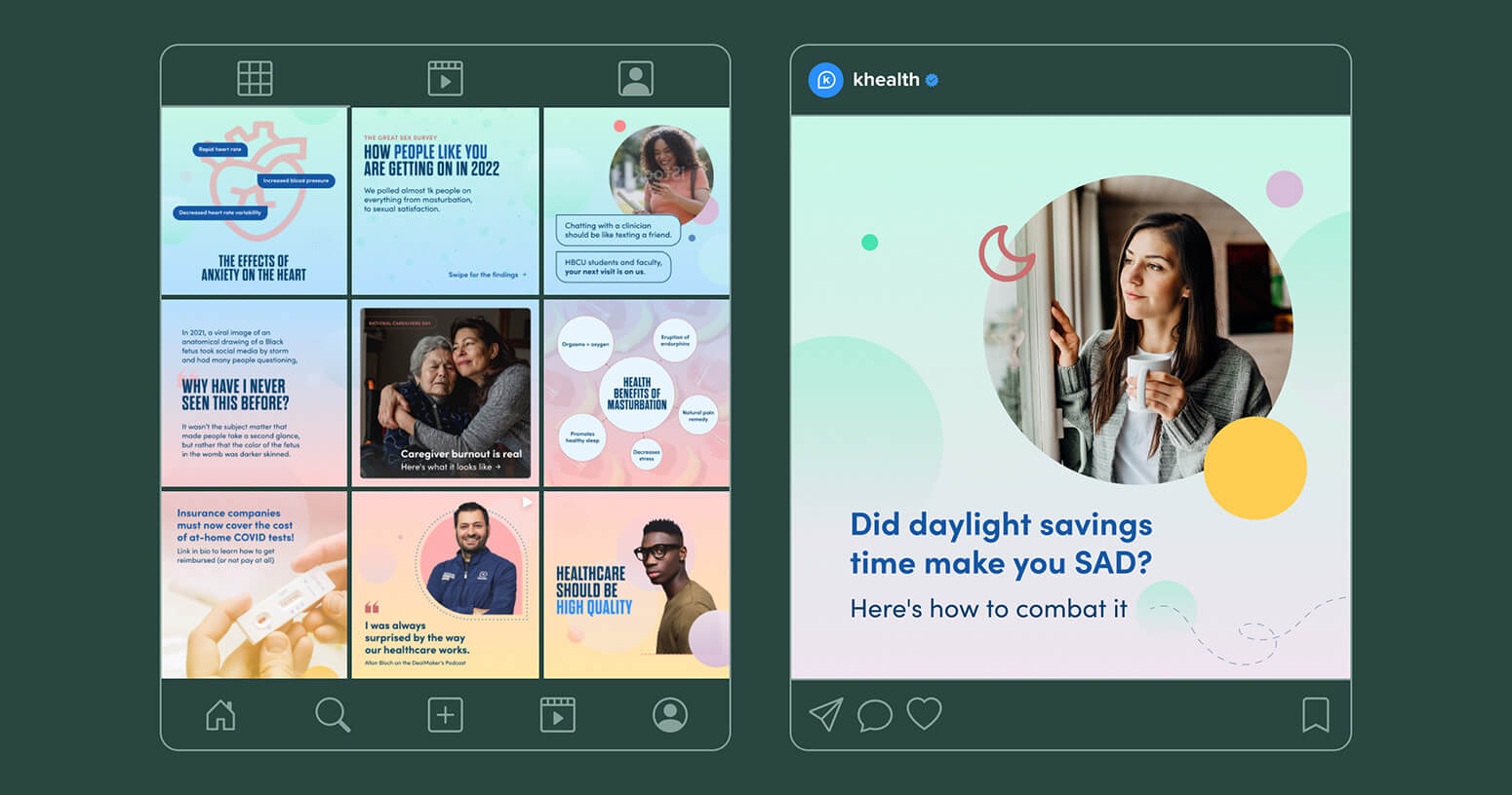 Instagram grid mockup of 9 posts from K Health's account and a social post mockup about seasonal affective disorder