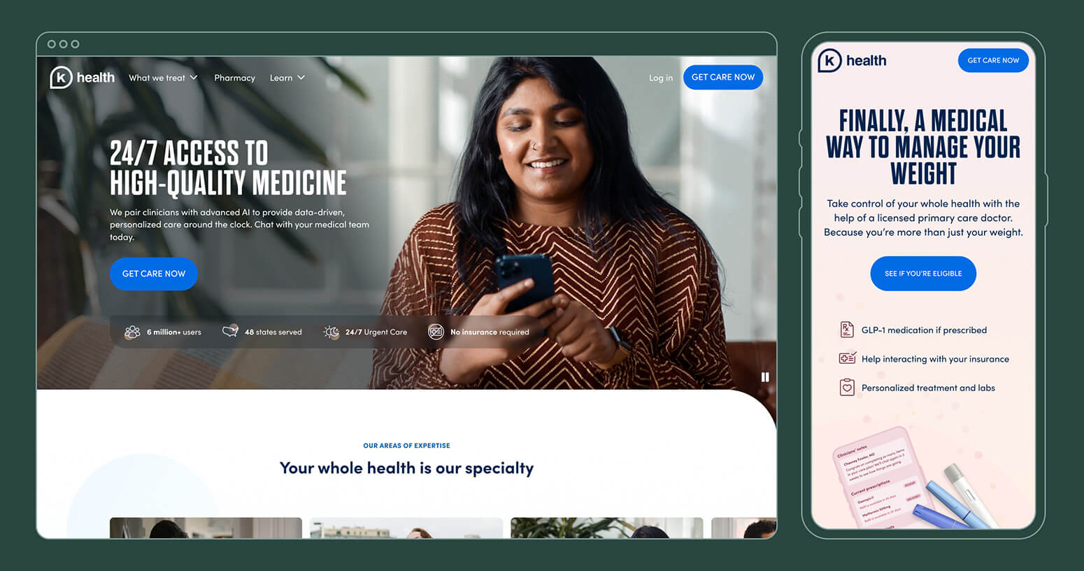 Computer and phone mockups featuring the K Health home page on desktop and a Weight Management landing page on mobile