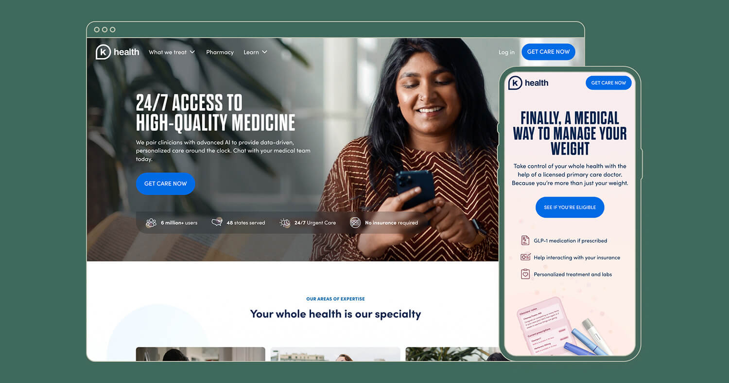 Computer and phone mockups featuring the K Health home page on desktop and a Weight Management landing page on mobile