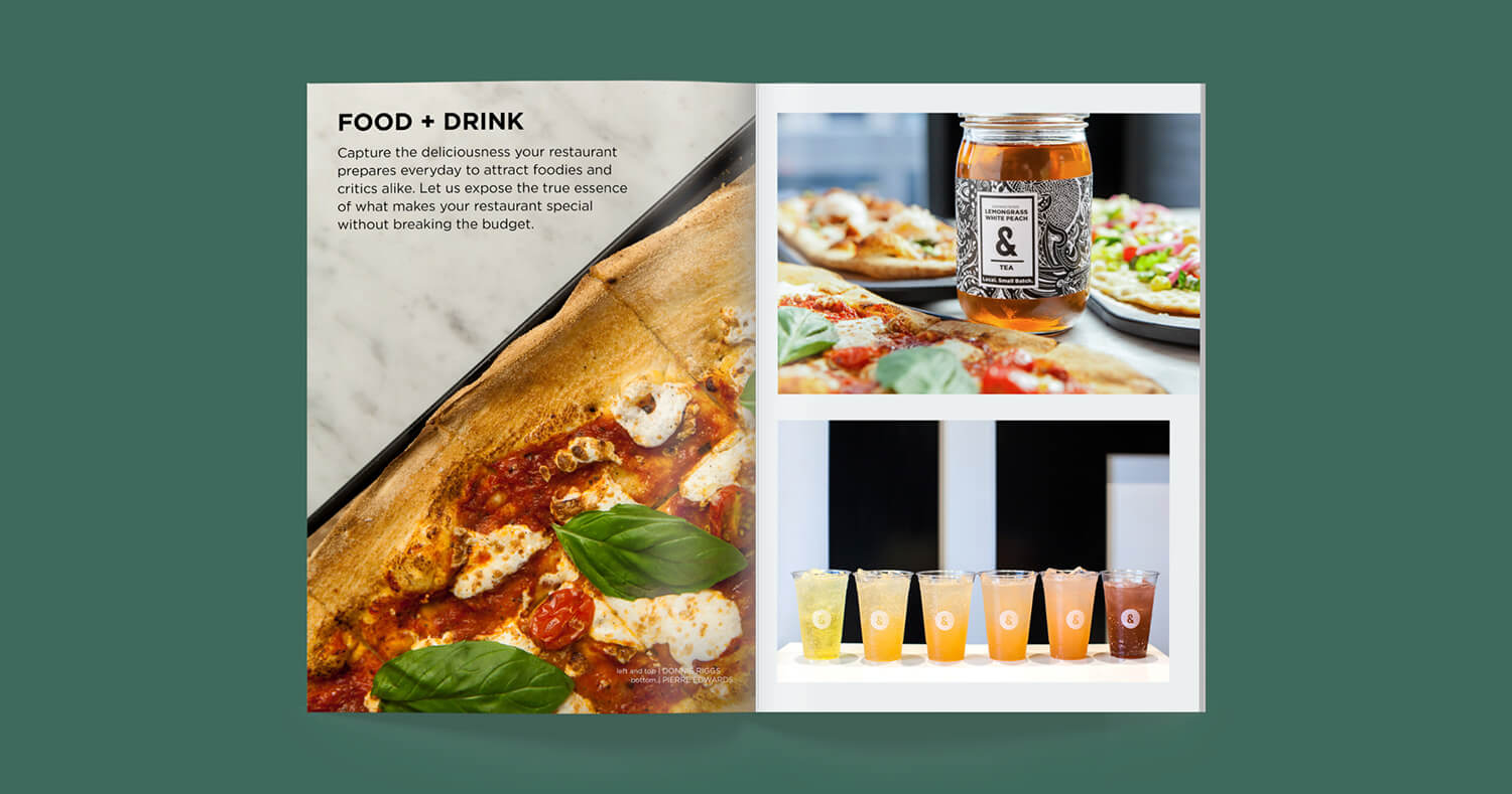 Food, drink, and restaurant brochure open to a 2 page spread