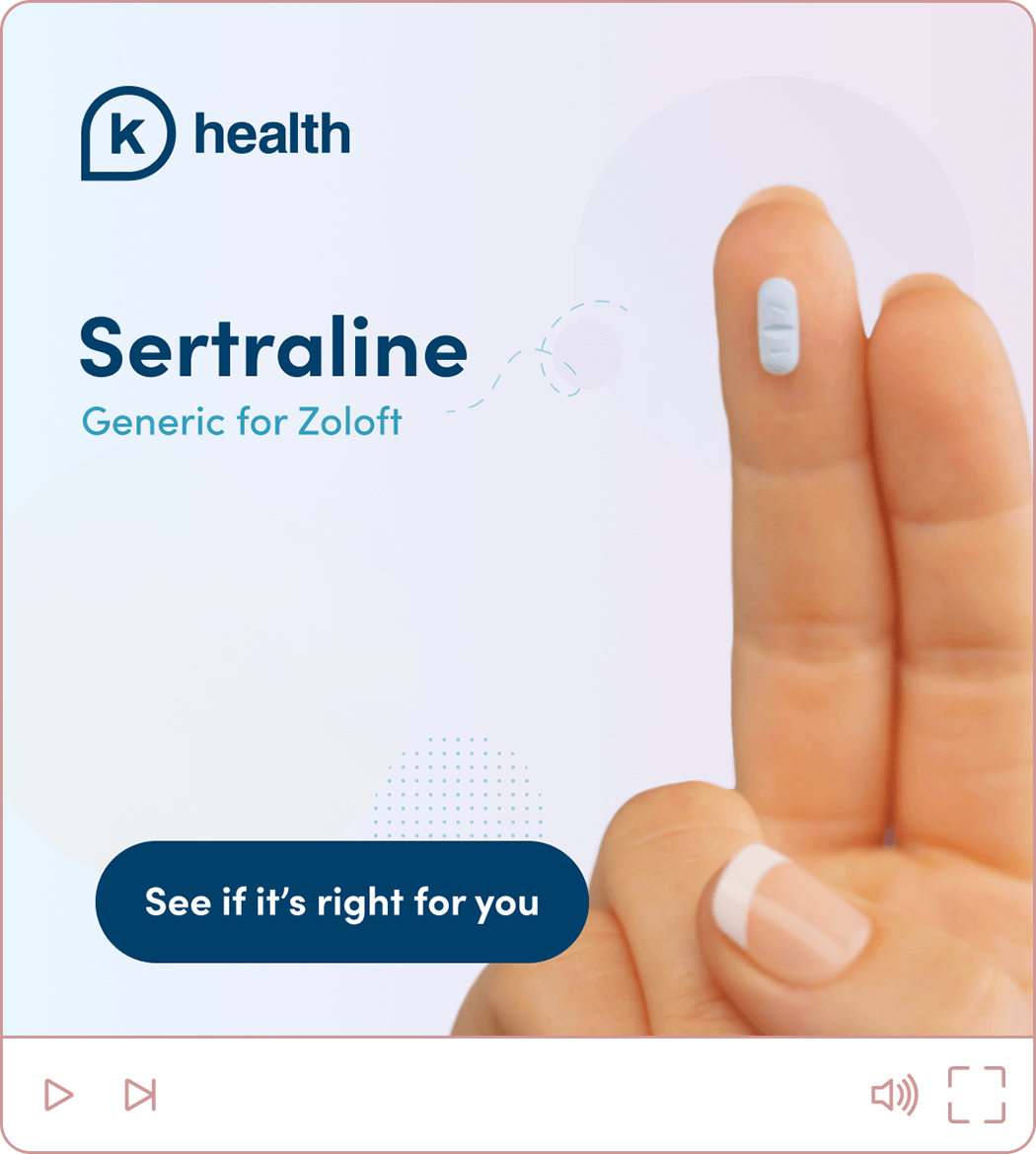 Ad for 50mg of sertraline featuring a hand holding a pill, the medication name, and the K Health logo