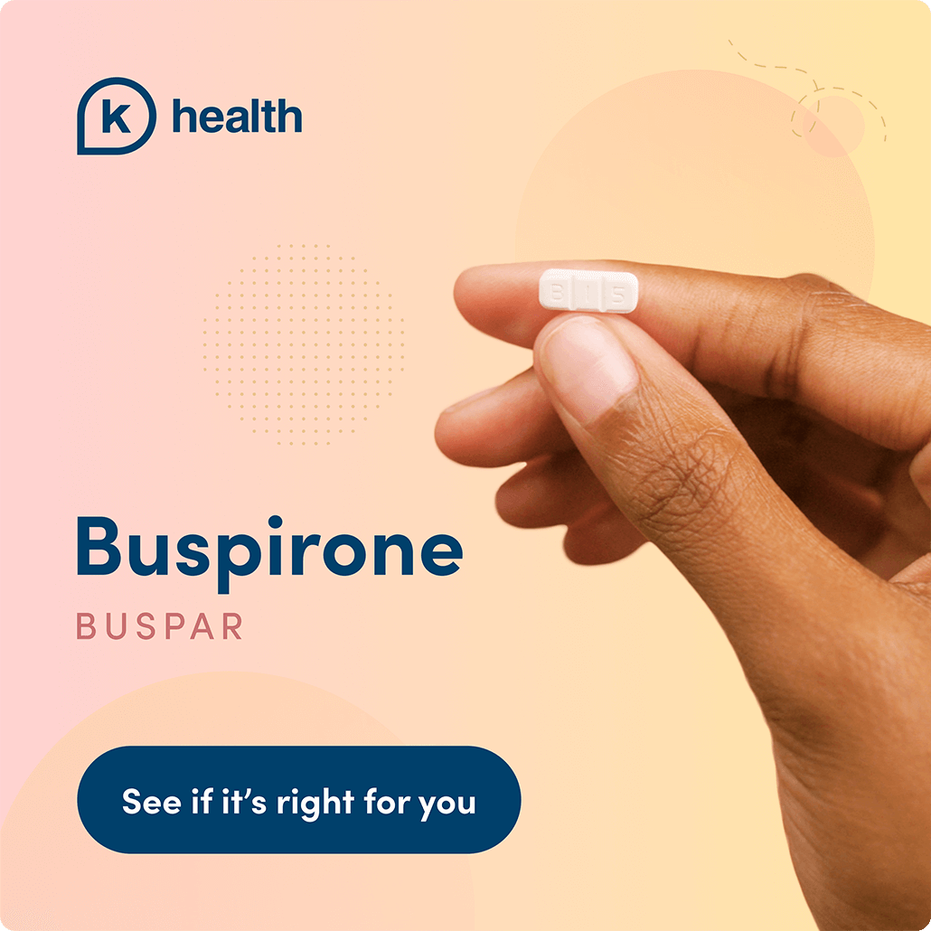 Intro screen featuring a hand holding a buspirone pill, the medication name, and the K Health logo