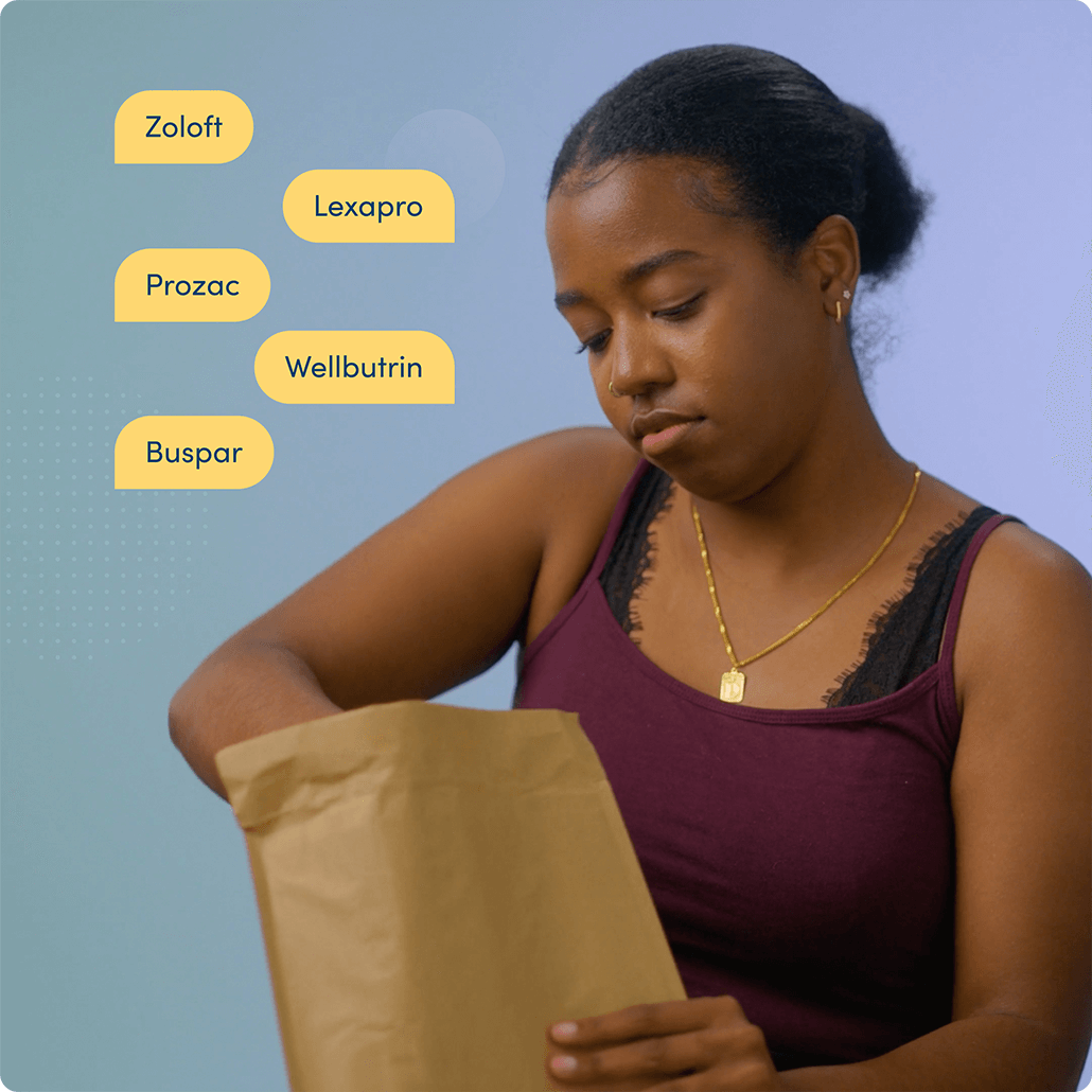 Woman opening a package with text that highlights the available medications