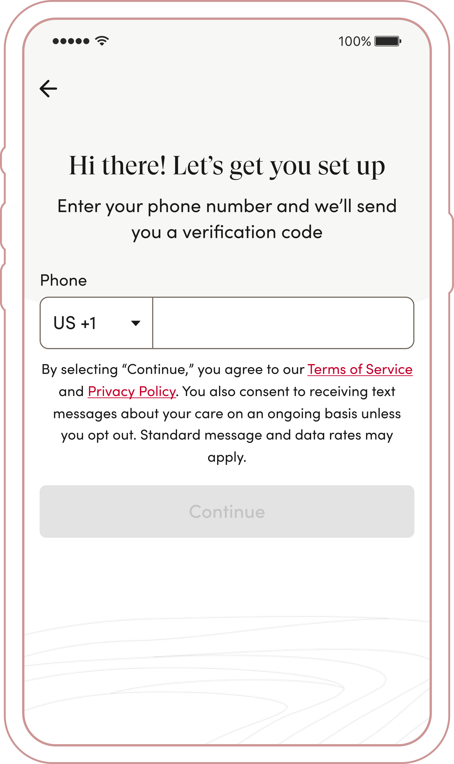 Phone Number Sign In screen for Account Creation in the Cedars-Sinai Connect app