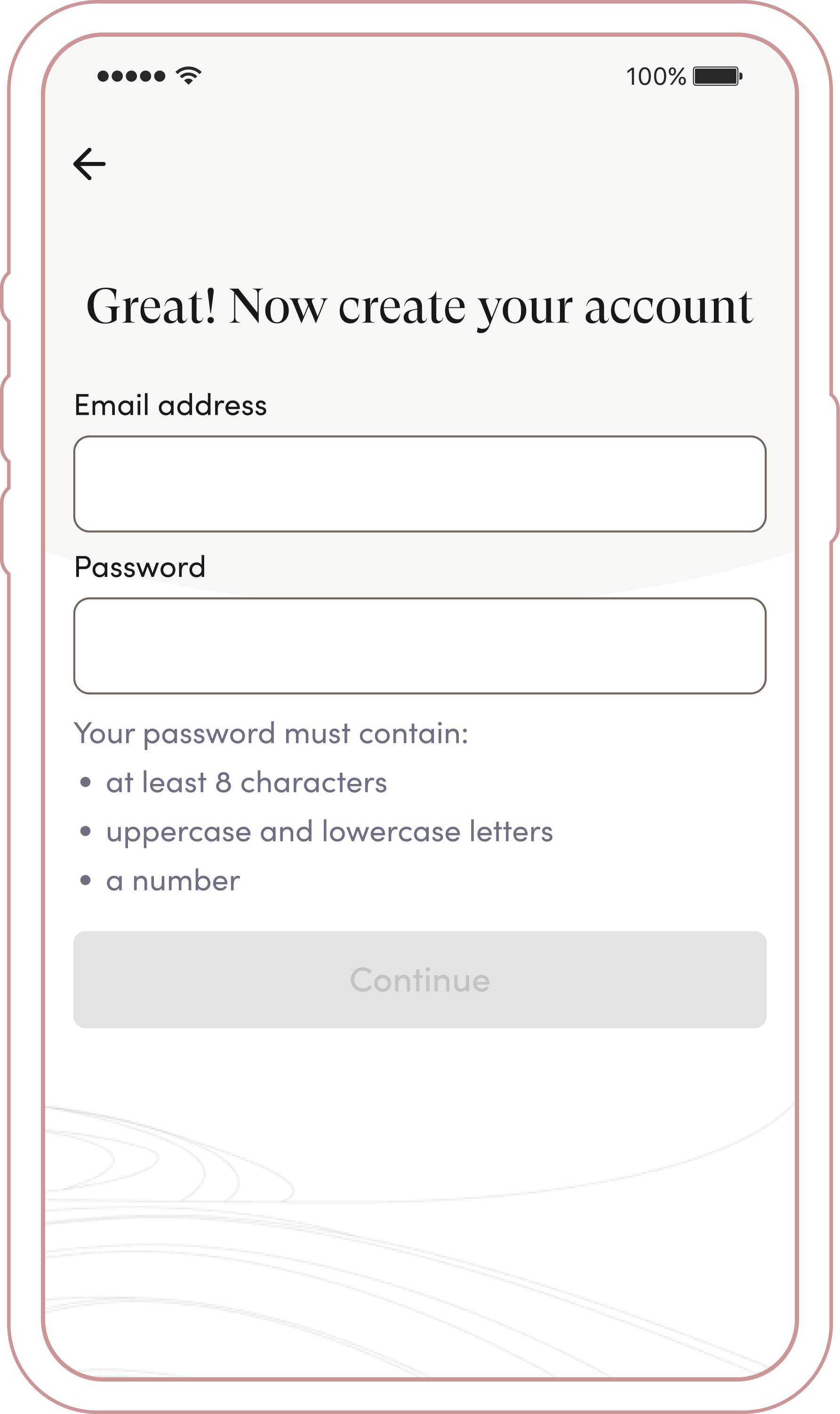 Reset Password screen for Account Creation in the Cedars-Sinai Connect app
