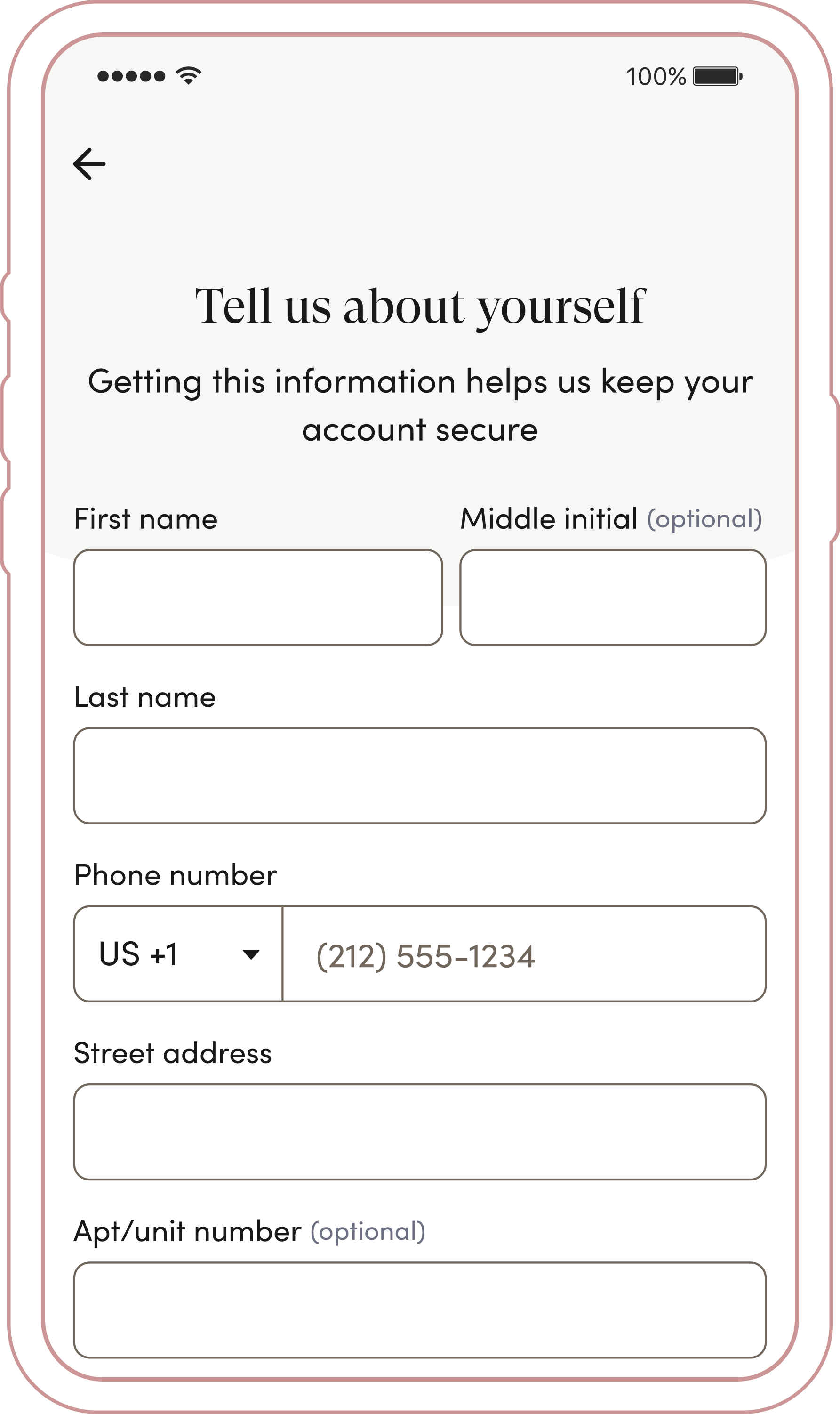 Personal Information screen for Account Creation in the Cedars-Sinai Connect app