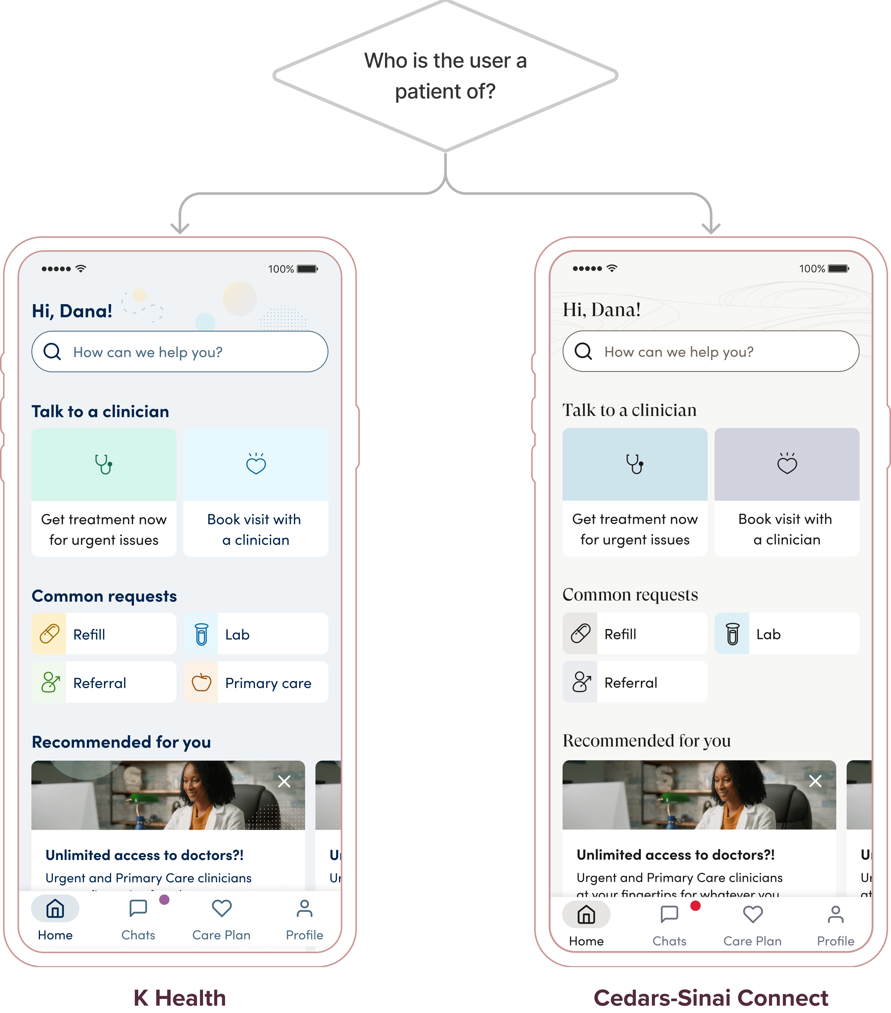 User flow depicting the different app experiences based off which service the user is a member of