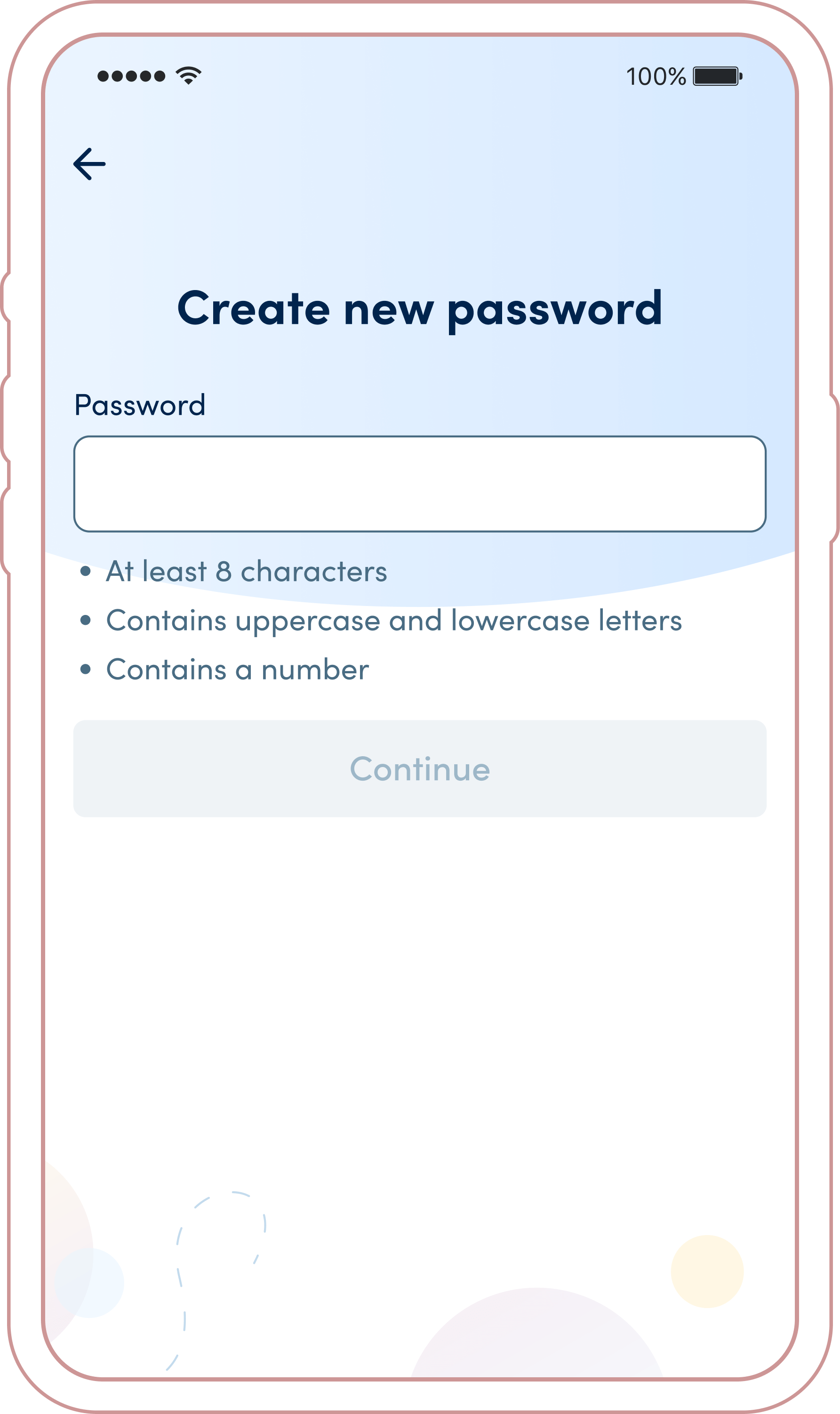 Create New Password screen for returning users in the K Health app