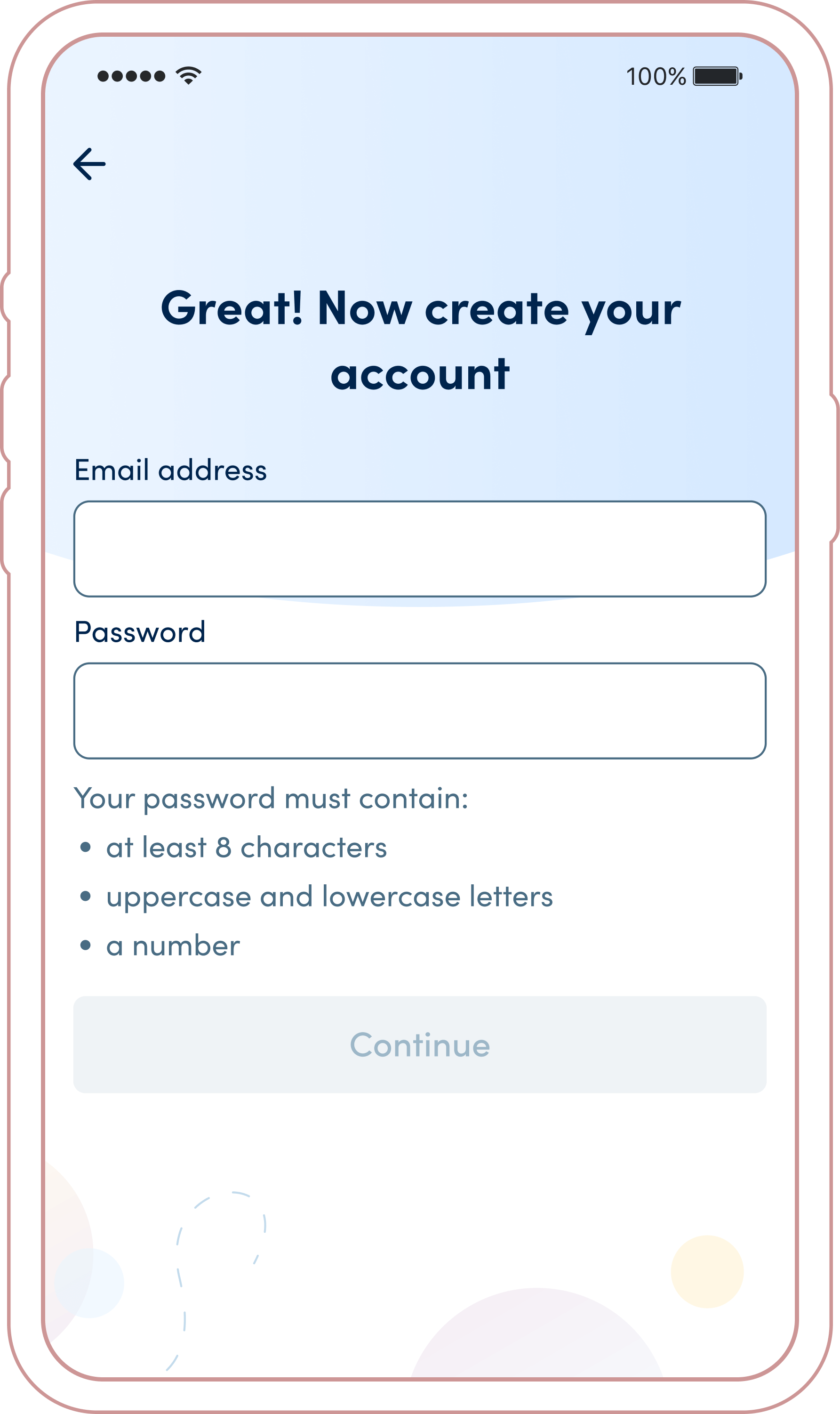 Email and Password Creation screen for Account Creation in the K Health app
