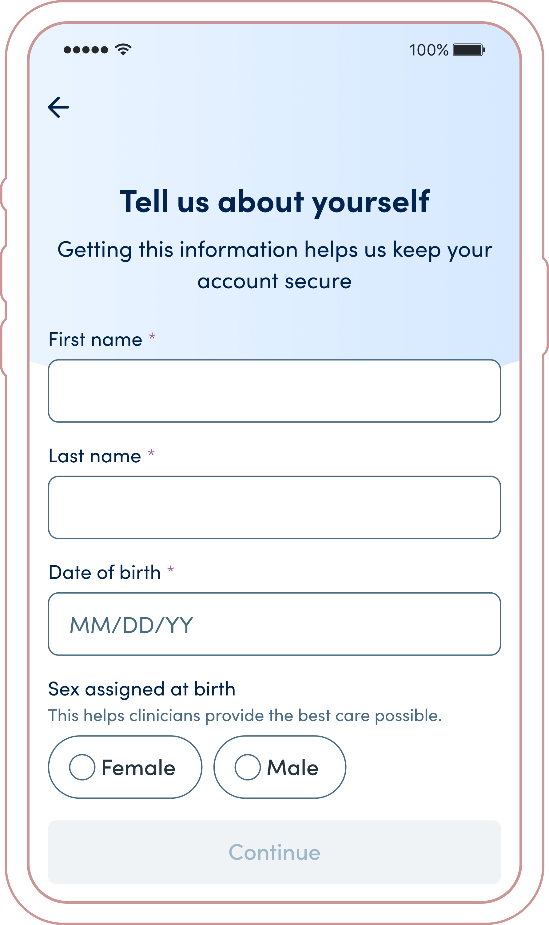 Personal Information screen for Account Creation in the K Health app