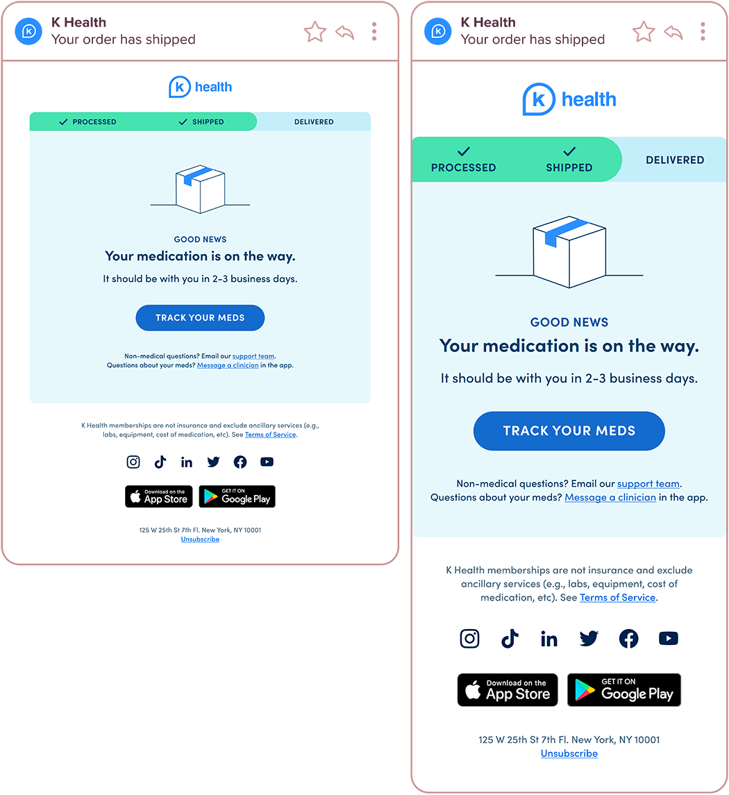 Desktop and mobile version of an order shipped email