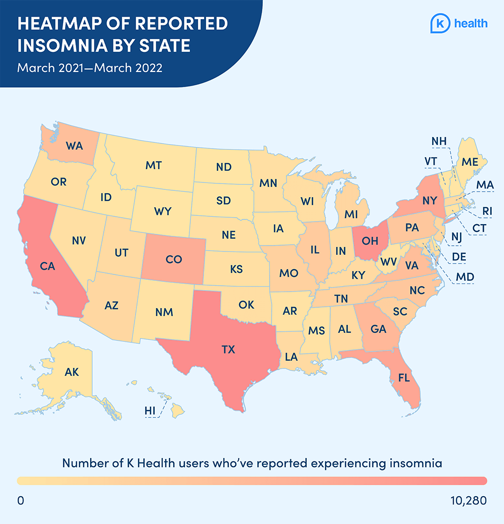 Heatmap of the U.S. showing where users reported having insomnia