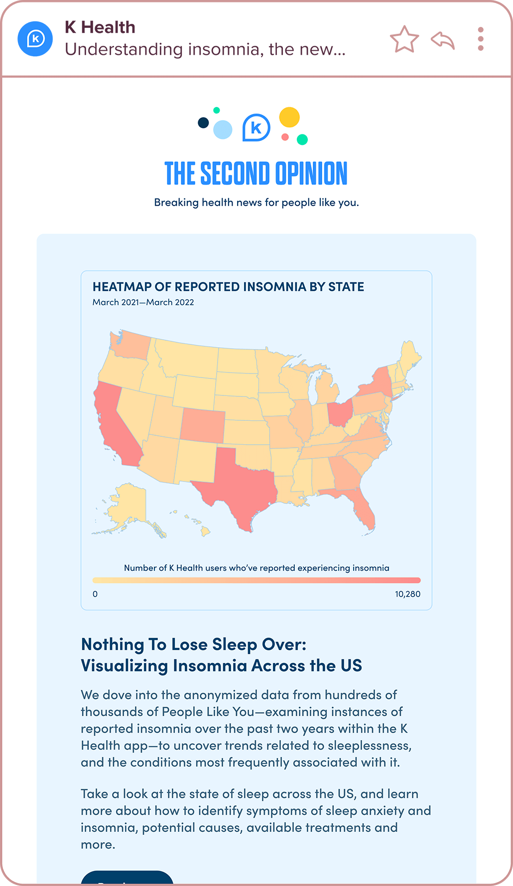 Desktop version of a newsletter that featured an article about user-reported insomnia
