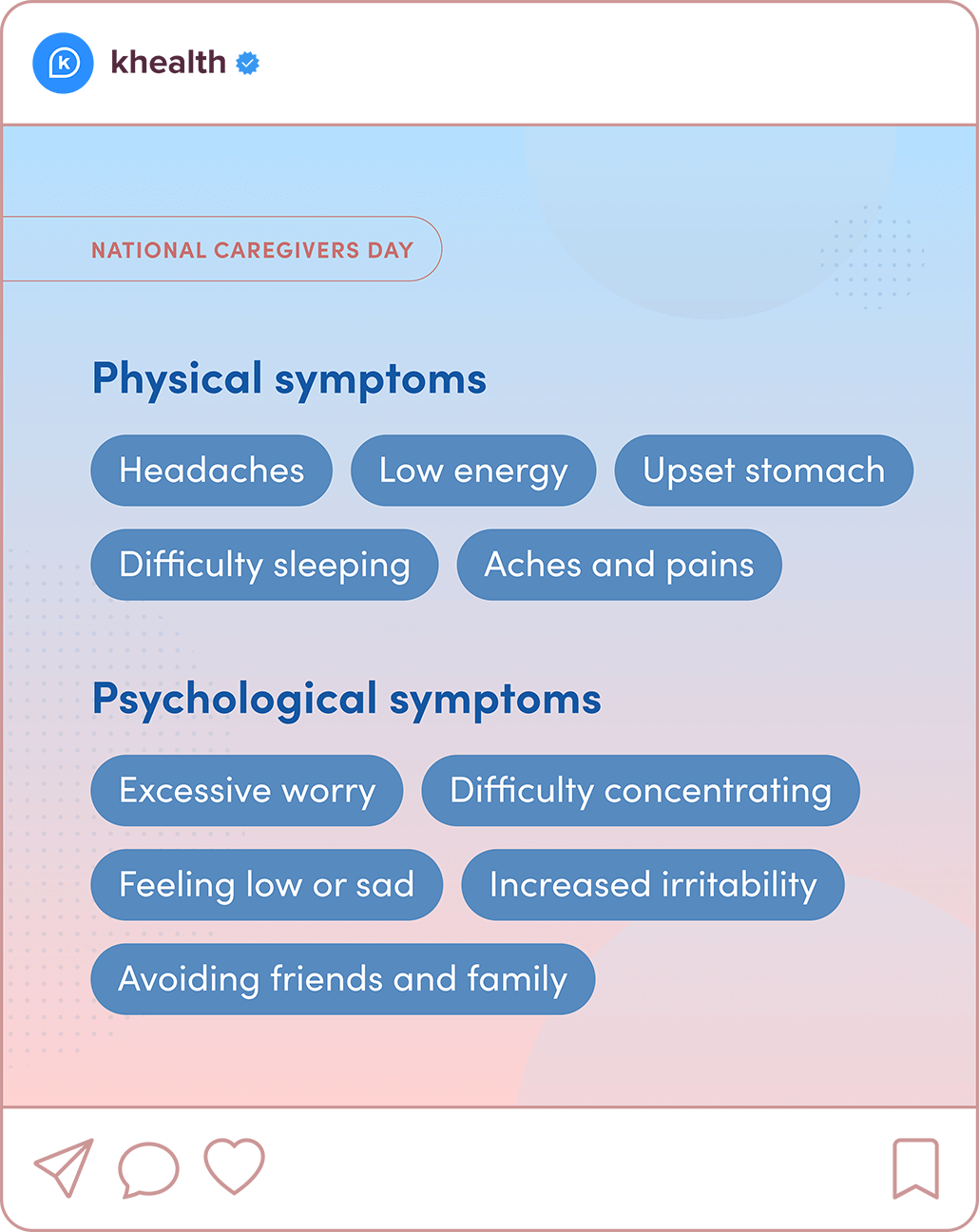 Third slide of an Instagram carousel post listing the physical and psychological symptoms of caregiver burnout