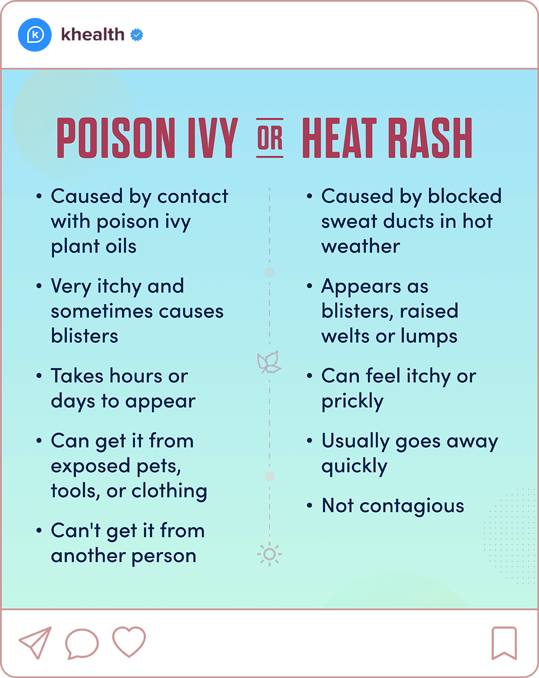Instagram post listing the differences between poison ivy and heat rash