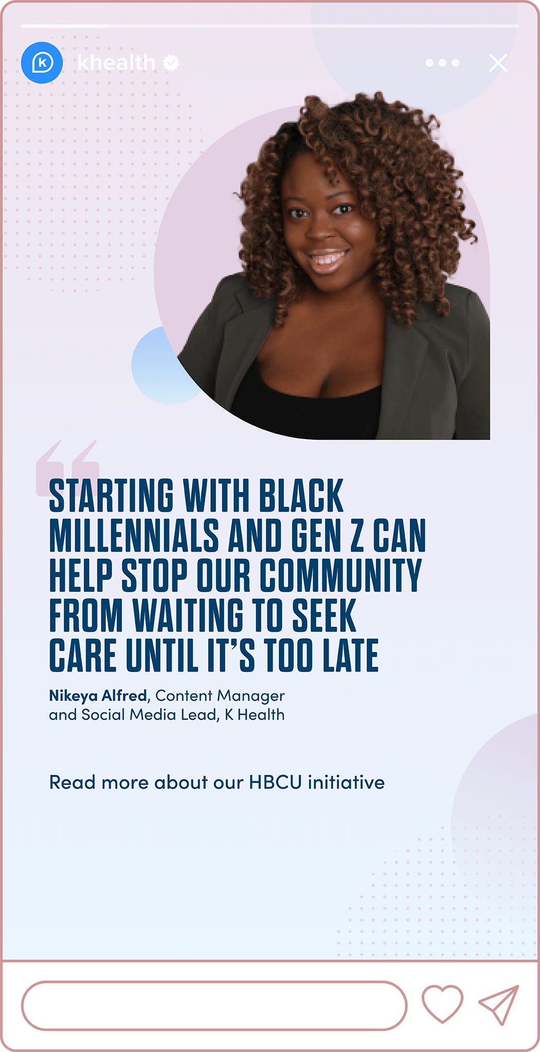 Instagram story with a quote from Nikeya Alfred, K's social media manager, promoting a Black History Month initiative
