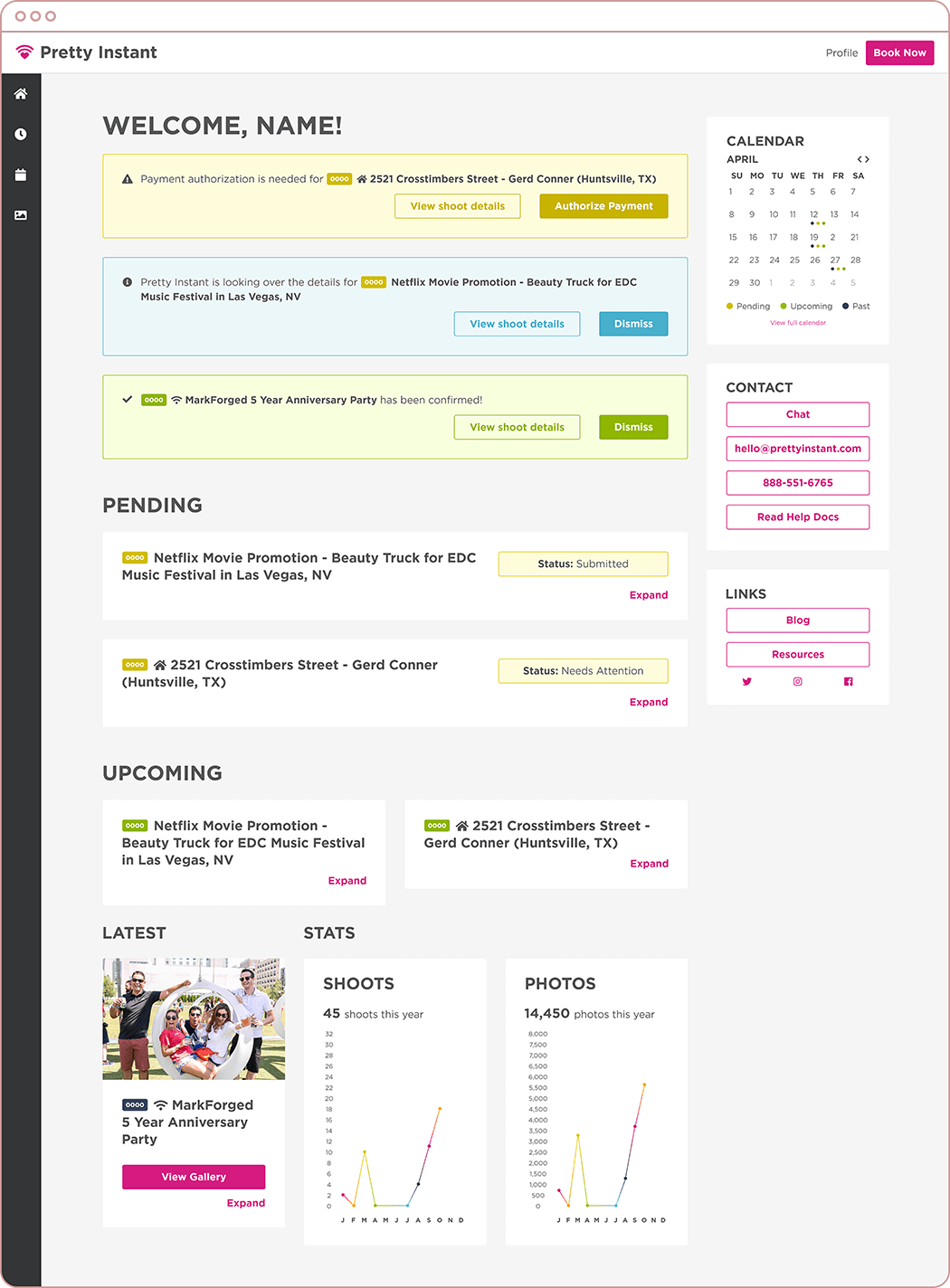 Final design of the dashboard home page