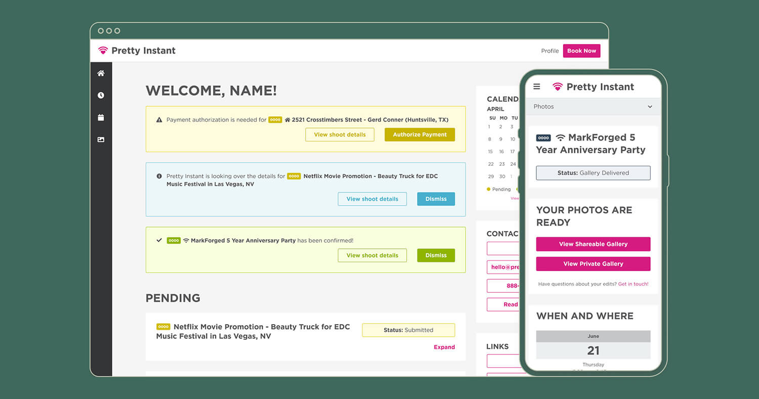 Computer and phone mockups featuring 2 different views of the Pretty Instant user dashboard