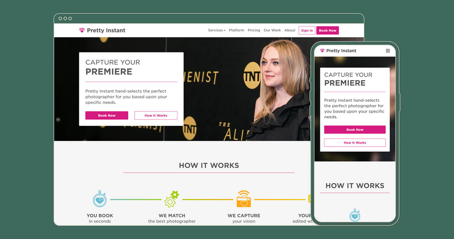 Computer and phone mockups featuring the Pretty Instant website
